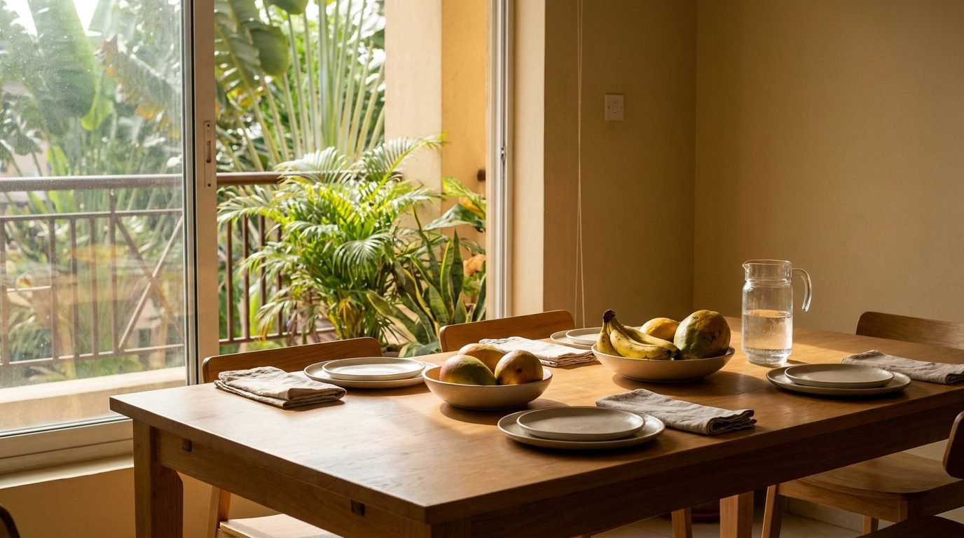 A table set with fruit and plates on a balcony overlooking greenery, softly lit
