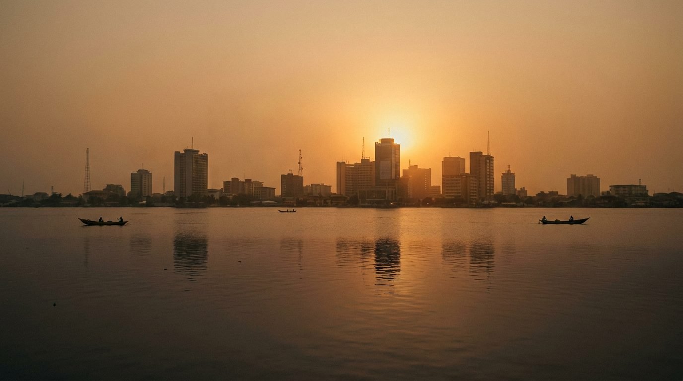The Lagos skyline silhouetted at sunset, seen across calm water with small boats