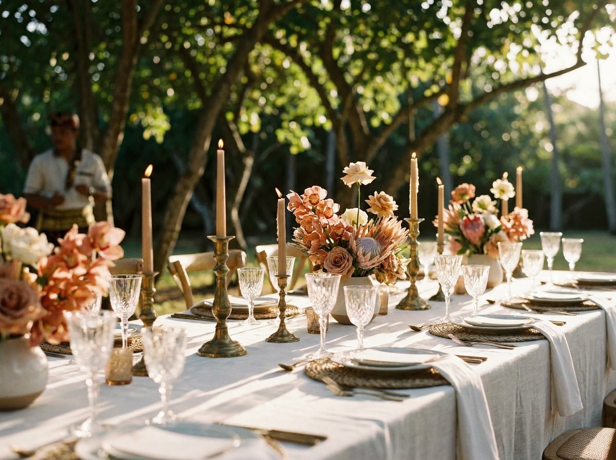 An outdoor table set for a gathering beneath trees