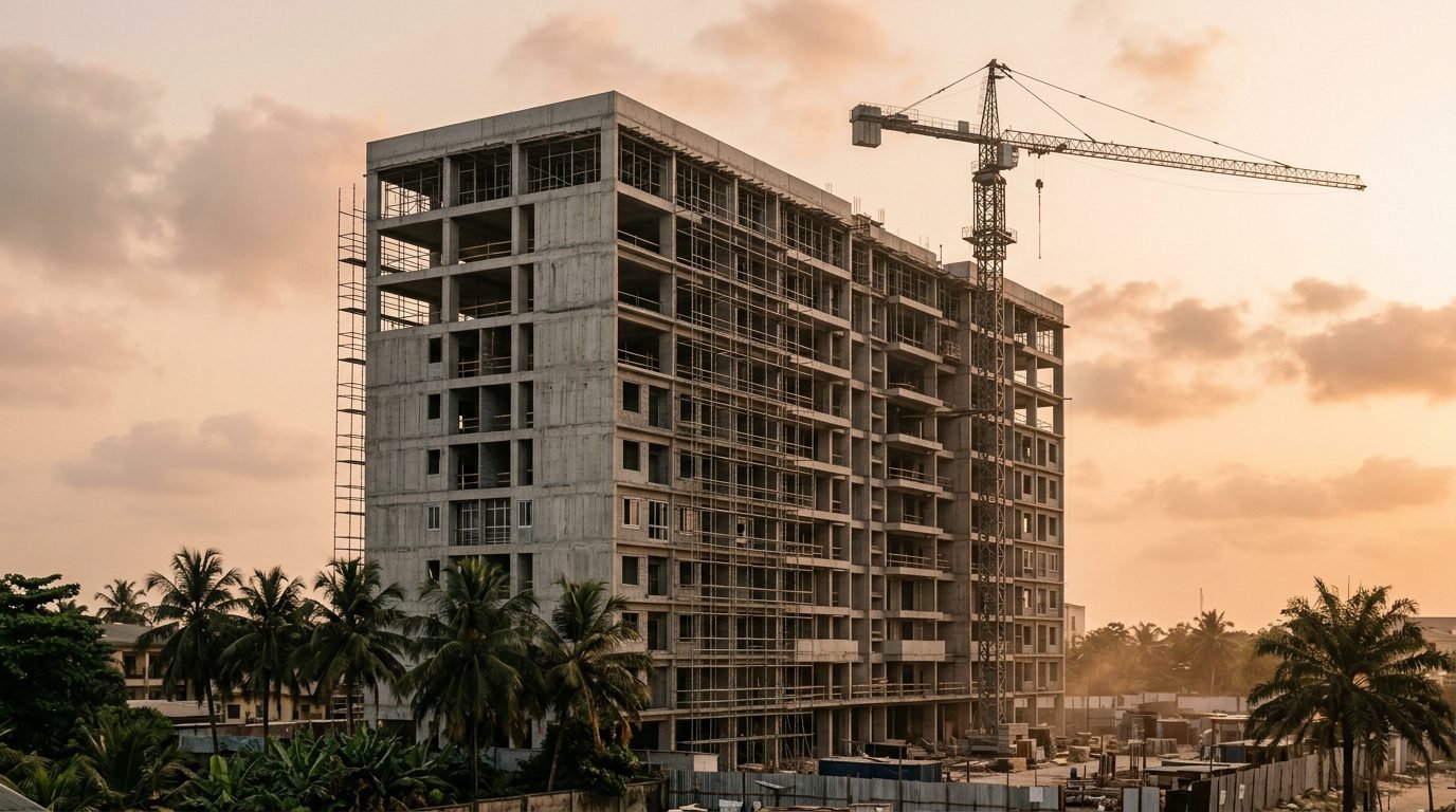 A multi-storey building under construction at golden hour, with a crane and palm trees