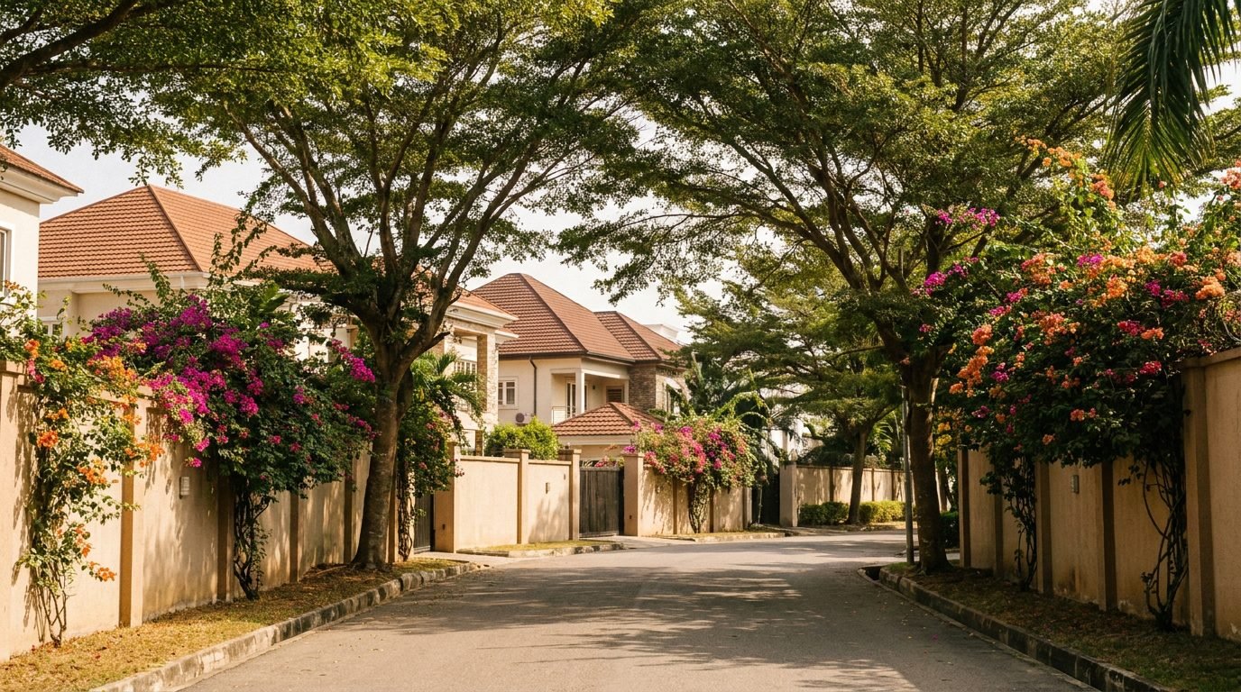 A quiet, tree-lined residential street with walls and flowering bougainvillea