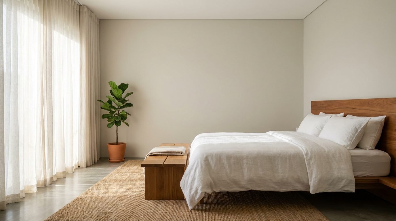 A minimally styled bedroom with white linens, a rug and a potted plant, softly lit