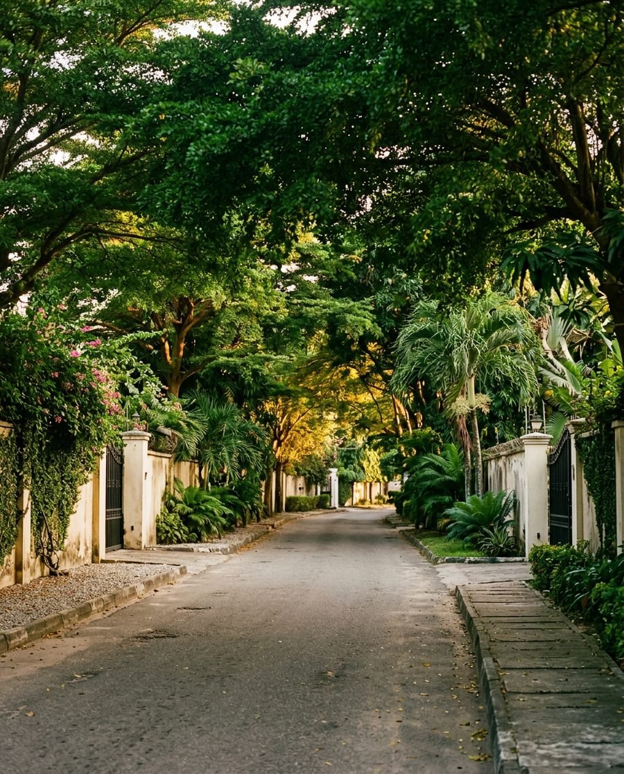 A quiet residential avenue in Lagos lined with walls and greenery at golden hour
